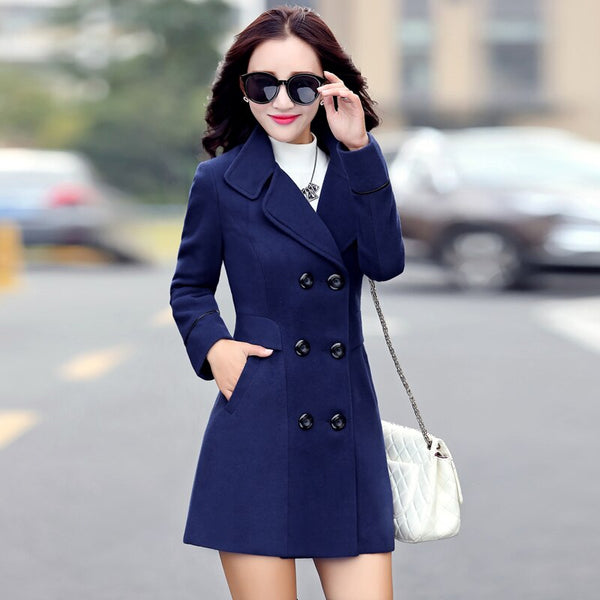 Women's Clothing 2019 Coat Female New Fashion Spring Coats Turn-down Collar Solid Double Breasted Pocket Slim Woolen coats
