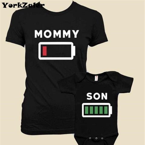 Family Matching Clothes T Shirt Short Sleeve Print Battery Creative