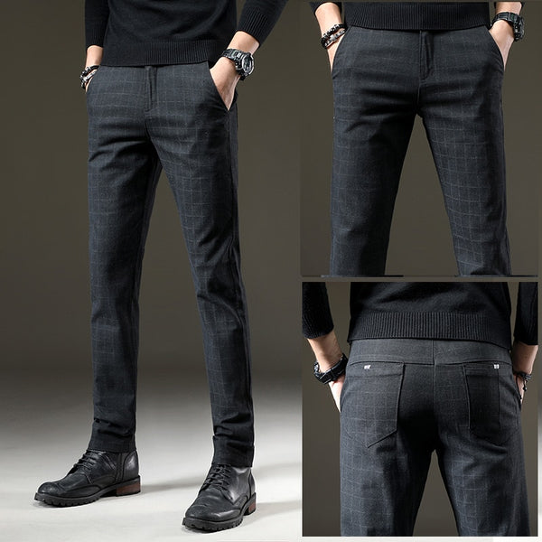 Men Casual Elastic Long Trousers Cotton Lattice Straight