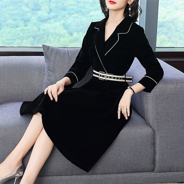 Black Velvet Slim Tunic Knee Length Dress Women Elegant Vintage Sexy Office Business Party Fashion Dresses 2019 Spring Clothing