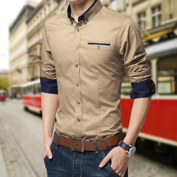 Men Cotton Casual Business Shirt Long Sleeve Solid Color