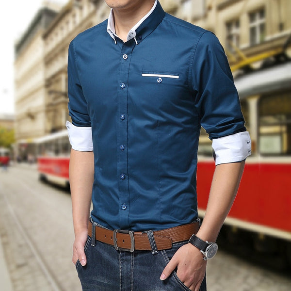 Men Cotton Casual Business Shirt Long Sleeve Solid Color