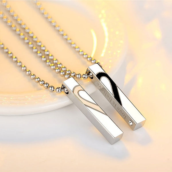 Heart Shape "Love Is Believe" Stainless Steel Couple Lovers Half Heart Pendant Necklace Puzzle Pendant Necklace (One Pair) N1210
