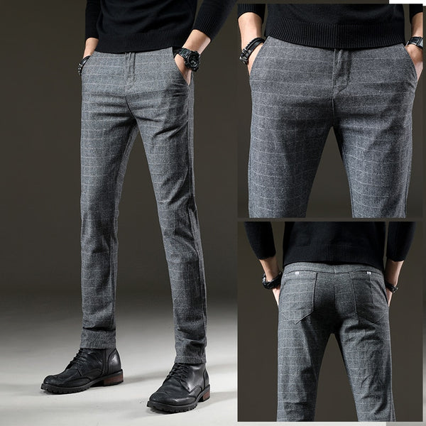 Men Casual Elastic Long Trousers Cotton Lattice Straight