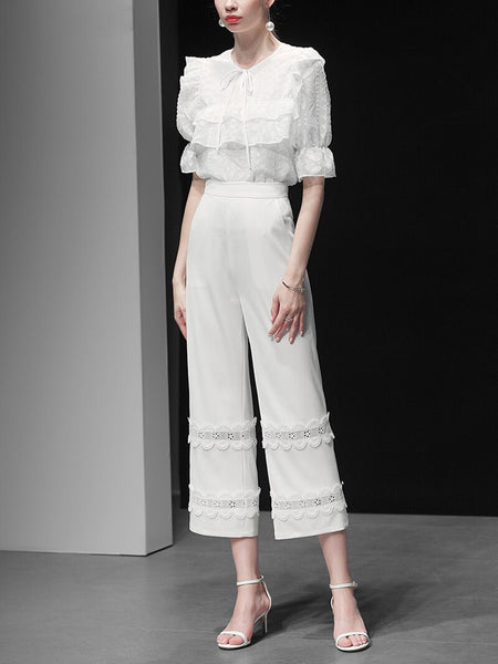 Noble Fashion Women Two Pieces Set O Neck Bow Bandage Design Ruffle White Blouse Loose Lace Patchwork Long High Waist Pant Z1465