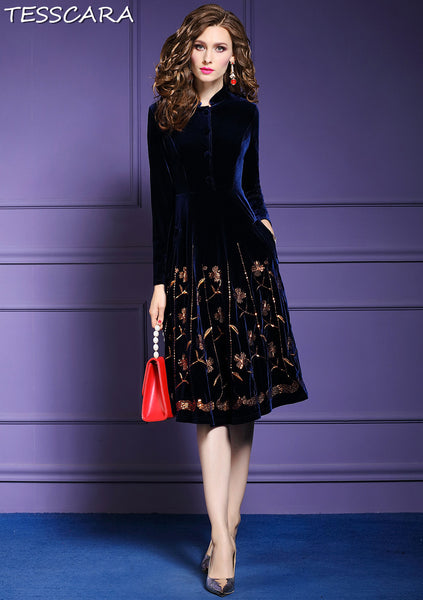 Women Autumn & Winter Elegant Sequin Velvet Dress Festa