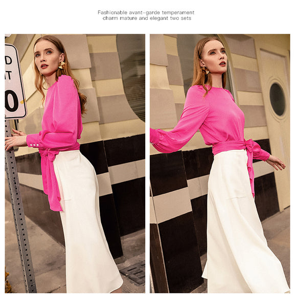 Casual Fashion Women Two Pieces Sets O Neck Long Lantern Sleeve Bow Design T-Shirt Top White A-Line Single-breasted Skirts Z1243