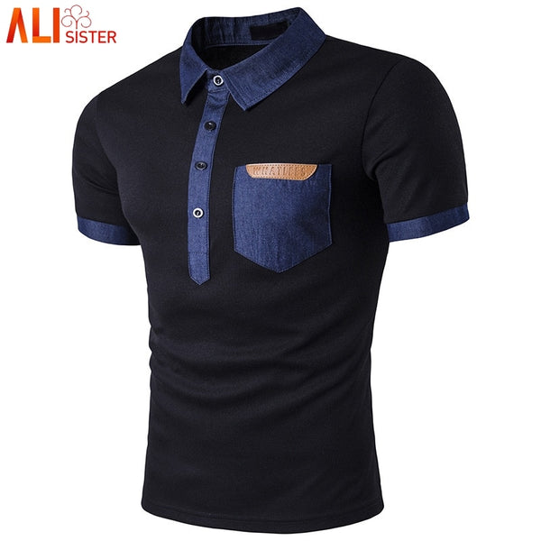 M-3XL Plus Size Men's Polos Shirts Casual Simple Pocket Leather Cowboy Spliced Lapel Short Sleeve POLO Shirt Summer Homme Tops