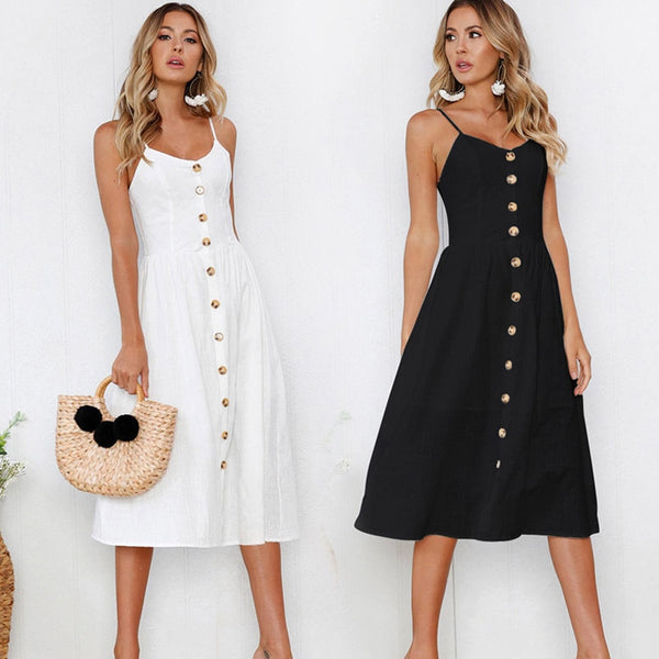 Sleeveless Backelss Sexy Summer Dress Women 2019 Black White Casual Dress Spaghetti Strap Dresses Button midi Sundress female