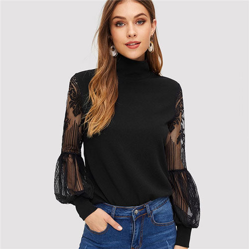 Women Black High Neck Lace Lantern Sleeve Top Fashion Mesh Blouse Women's Long Sleeve Pattern Printing Ladies Tops