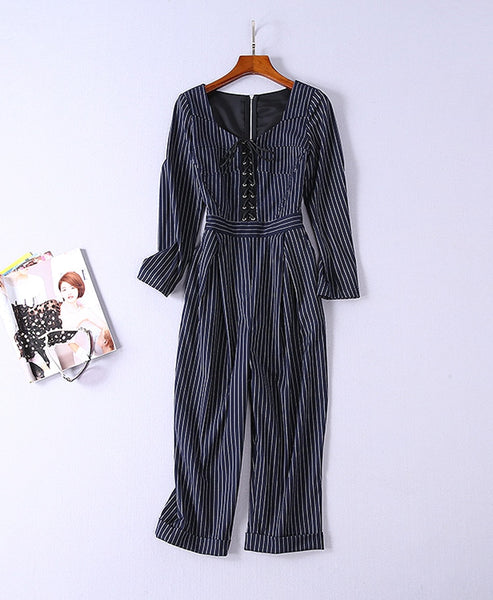 High Quality 2019 Spring Fashion Women Striped Junpant Casual Square Collar Long Sleeve Wide Leg Ankle-Length Jumpant Q039