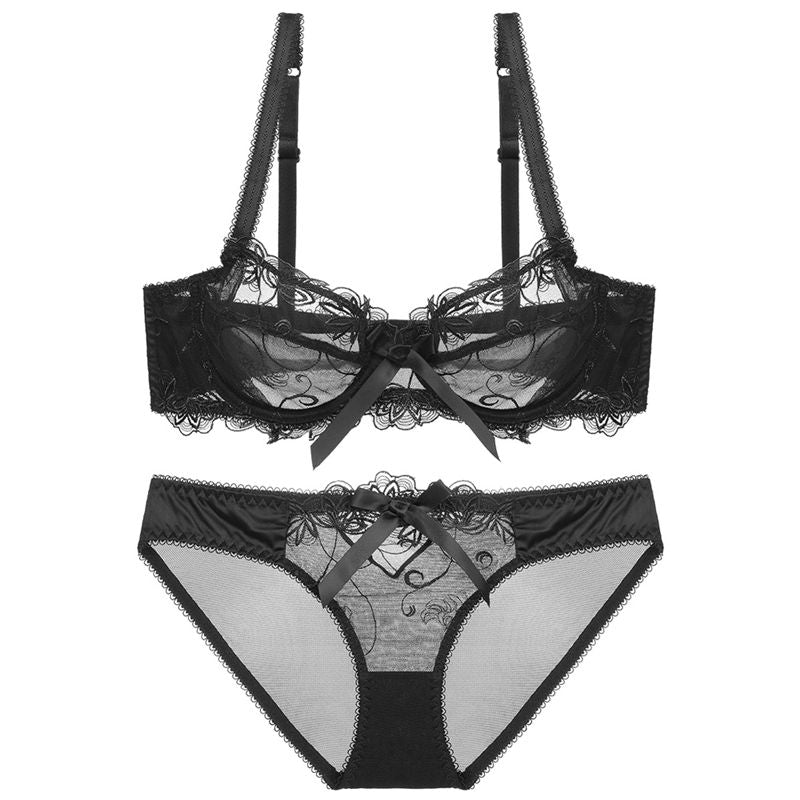 Sexy Embroidery Transparent Bras Set Women Plus Size Lingerie Set Ultra thin C D Cup Underwear Bow Brassiere panties Bra Set