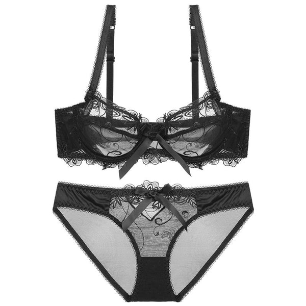 Sexy Embroidery Transparent Bras Set Women Plus Size Lingerie Set Ultra thin C D Cup Underwear Bow Brassiere panties Bra Set