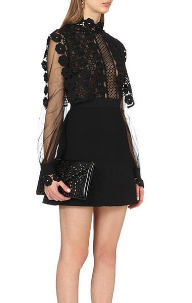 Self-Portrait Runway Patchwork Black Lace Dress 2019 Autumn Women's Long Sleeve Flower Embroidery Crochet Hollow Out Mini Dress