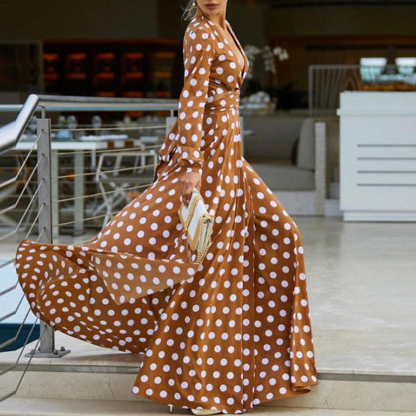 Women Polka Dots Split Sexy Maxi Dress Bohemian Dress 2019 Autumn High Waist Pleated Female Fashion Runway Big Swing Long Dress