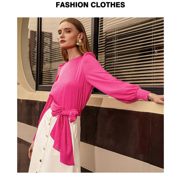 Casual Fashion Women Two Pieces Sets O Neck Long Lantern Sleeve Bow Design T-Shirt Top White A-Line Single-breasted Skirts Z1243