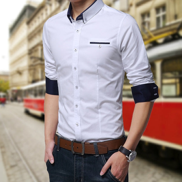 Men Cotton Casual Business Shirt Long Sleeve Solid Color
