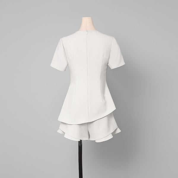 Fashion Euro Women Two Pieces Sets O Neck Short Sleeve White Office Lady Blouse Top Loose Hot Short Casual Ruffle Pants Z1360