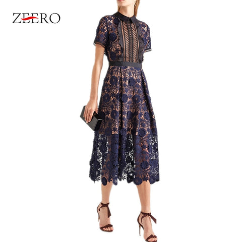 Self Portrait Runway Women Dress 2018 Summer Fashion Elegant Short Sleeve Lace Hollow Out Patchwork Female Midi Calf Party Dress
