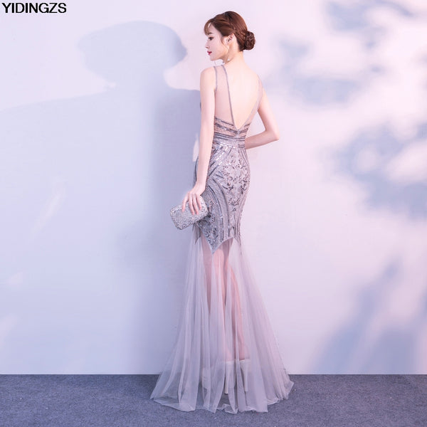Robe De Soiree YIDINGZS Sequins Beading Evening Dresses Mermaid Long Formal Prom Party Dress 2019 New Style