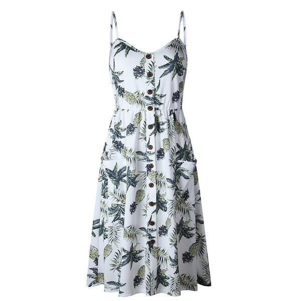 Women Fashion Print Summer Beach Dress With Pocket