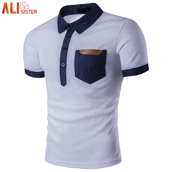 M-3XL Plus Size Men's Polos Shirts Casual Simple Pocket Leather Cowboy Spliced Lapel Short Sleeve POLO Shirt Summer Homme Tops