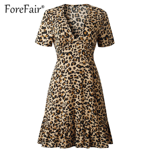 Forefair Print Leopard Dress sexy women short sleeve v neck ruffle hem high waist mini a line casual Summer Dress 2019 VESTIDOS