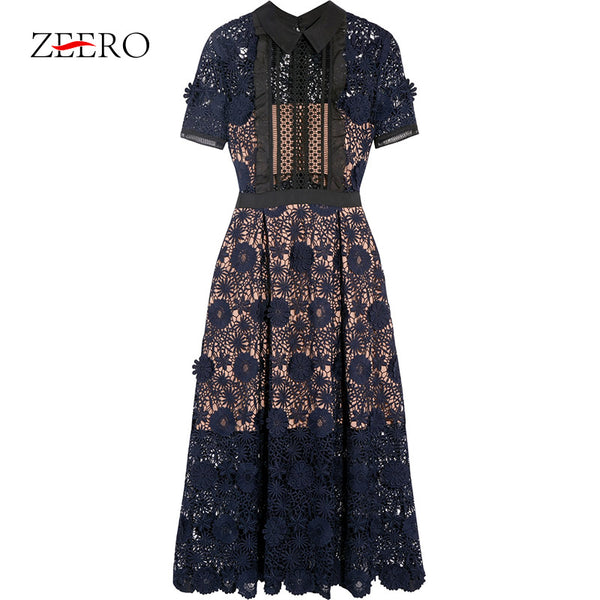 Self Portrait Runway Women Dress 2018 Summer Fashion Elegant Short Sleeve Lace Hollow Out Patchwork Female Midi Calf Party Dress