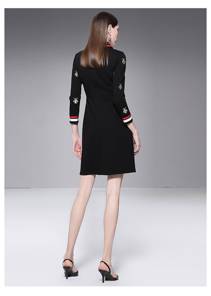 Designer Winter Black Mini Dress Women's Long Sleeve Gold Line Embroiderye Bee Lady Party Dress Vestidos