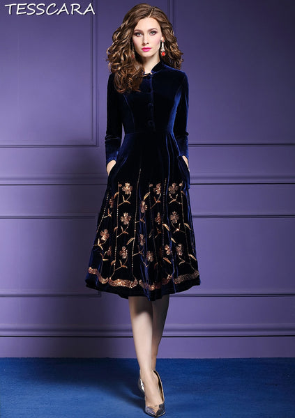 Women Autumn & Winter Elegant Sequin Velvet Dress Festa
