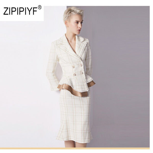 new arrival fashion skirt suits plaid temperament suit Double Breasted Irregular Blazer+mermaid skirt OL women skirt suits AB146