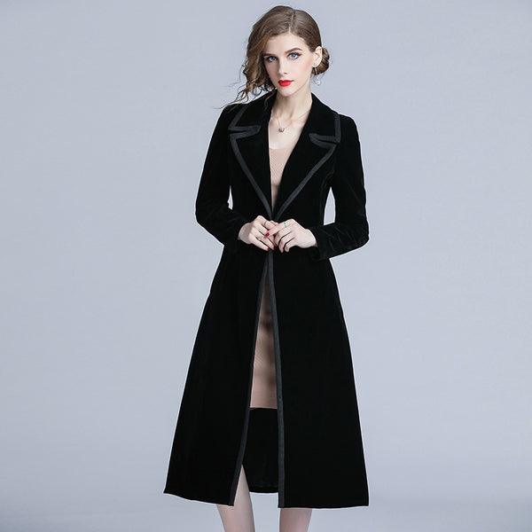 Black Velour Slim Tunic Long Trench Coat Elegant Vintage Office Party Fashion Casual Outerwear 2019 Spring Clothing