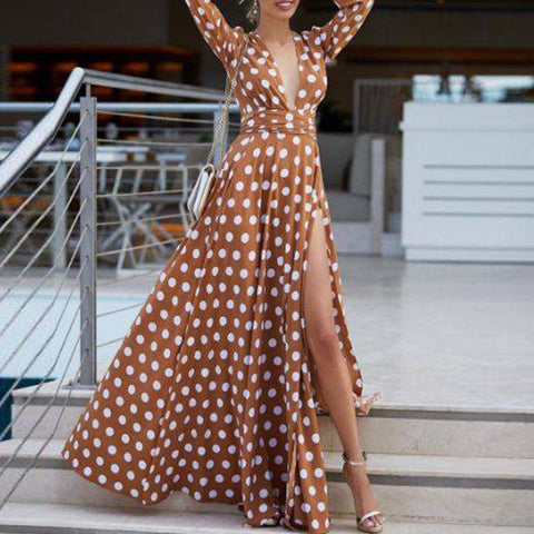 Women Polka Dots Split Sexy Maxi Dress Bohemian Dress 2019 Autumn High Waist Pleated Female Fashion Runway Big Swing Long Dress