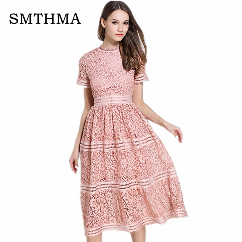 SMTHMA Green/Pink lace stitching Hollow out summer dress 2019 fashion Runway vestidos elegant evening party Casual Dresses