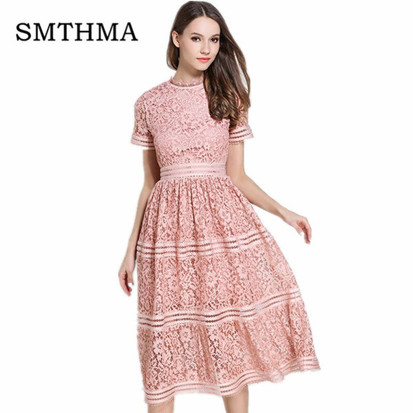 SMTHMA Green/Pink lace stitching Hollow out summer dress 2019 fashion Runway vestidos elegant evening party Casual Dresses