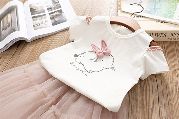 Girls Dress 2019 Brand Kids Clothes White Cartoon Cute Bunny Set Short Sleeve T-Shirt+Veil Dress 2Pcs Girls Easter Dress 3 8Y   