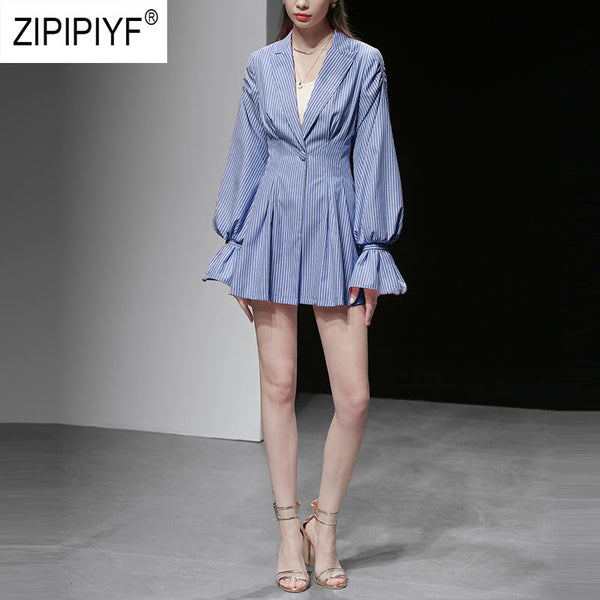 Unique Design Simple Fashion Women jacket Striped Single Button Long Lantern Sleeve Turn Down Neck Coats Casual Blazers 1111