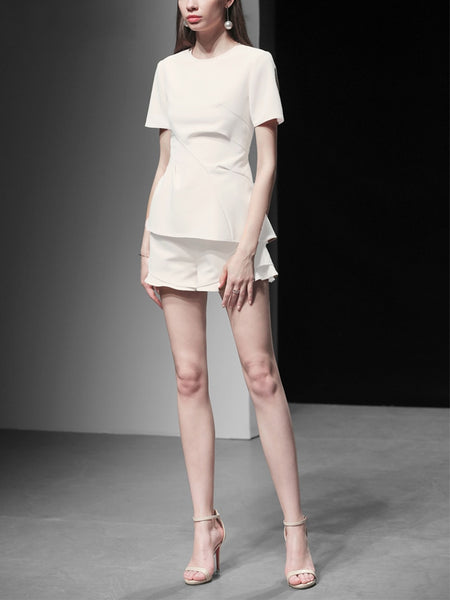 Fashion Euro Women Two Pieces Sets O Neck Short Sleeve White Office Lady Blouse Top Loose Hot Short Casual Ruffle Pants Z1360