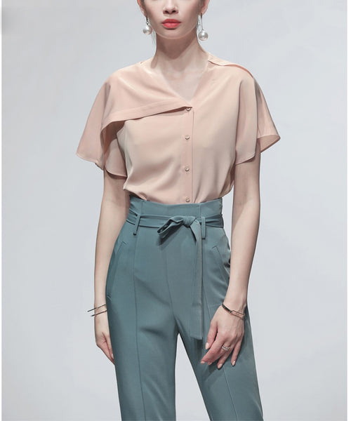 Simple Design Women Suits Asymmetric Single-breasted Short Flare Sleeve Solid Color Blouse Bow Bandage Design Long Pants 