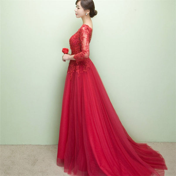 It's Yiiya New Three Quarter Illusion Backless Lace Up Flowers Elegant Evening Dress Floor Length Party Gown Evening Gowns LX048