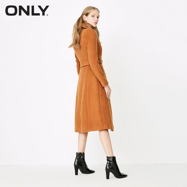 Women's Winter Lace-up Cinched Waist Woolen Coat Slim Camel