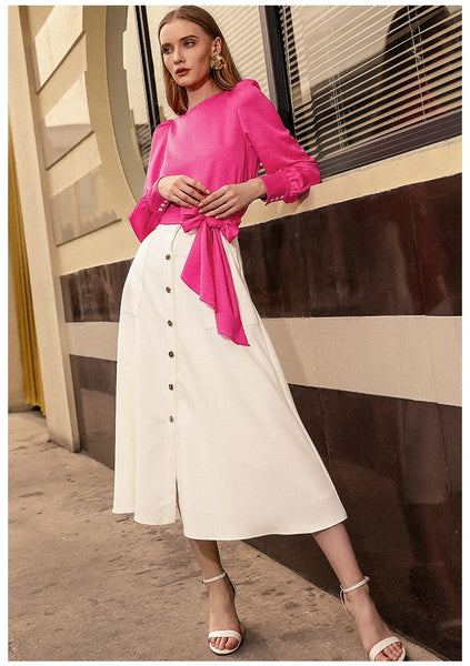 Casual Fashion Women Two Pieces Sets O Neck Long Lantern Sleeve Bow Design T-Shirt Top White A-Line Single-breasted Skirts Z1243