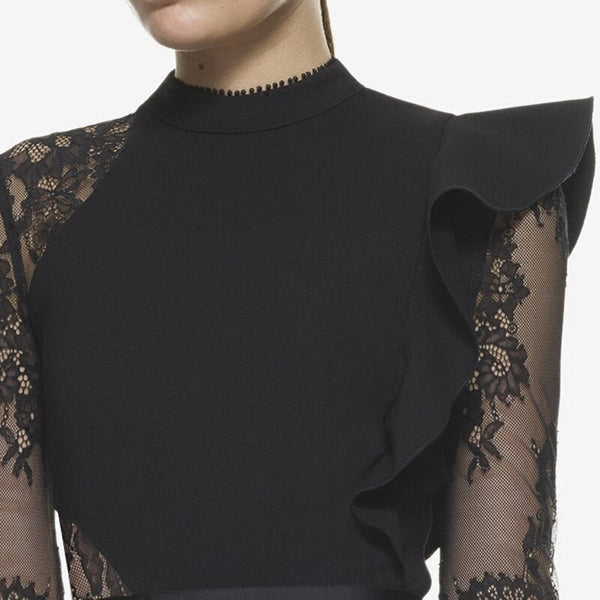 Self Portrait Summer Runway Ruffles Irregular Lace Patched Dress Women Vintage Long Sleeve Package Hip Black Bodycon Club Dress