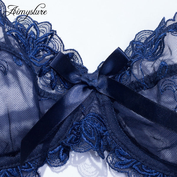 Sexy Embroidery Transparent Bras Set Women Plus Size Lingerie Set Ultra thin C D Cup Underwear Bow Brassiere panties Bra Set 