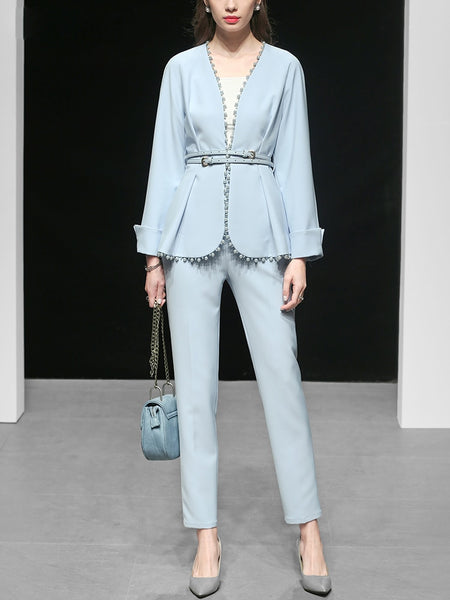 2019 Women Fashion Pants Set Elegant Patchwork Ribbed Beading Embellished Coat Belted and Ankle Length Pencil Skinny Pants C9025