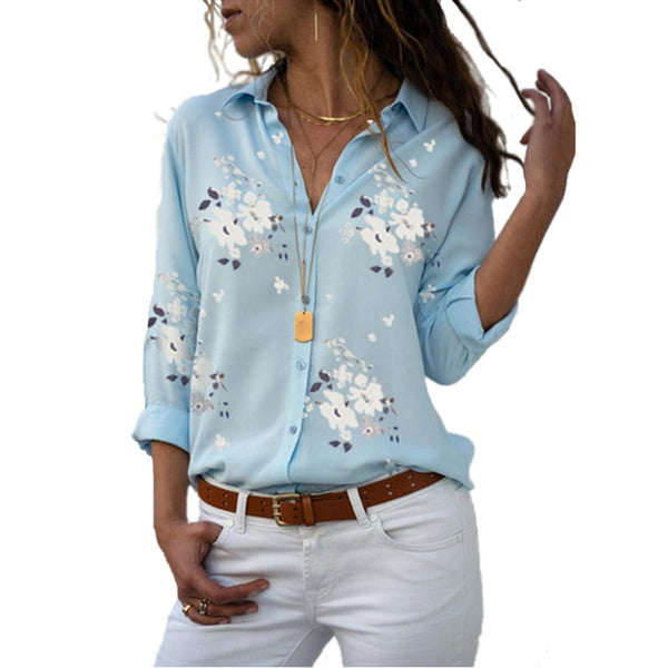 Women Blouses 2019 Fashion Floral Print Long Sleeve Turn Down Collar