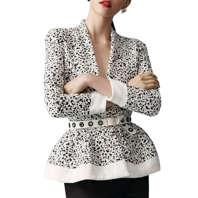 High Quality women's autumn and winter new streetwear fashion casual turn down collar print slim coat with sashes C2436