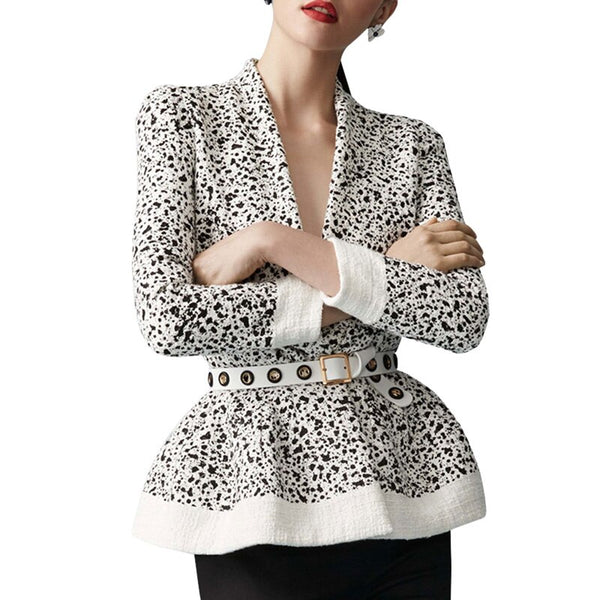 High Quality women's autumn and winter new streetwear fashion casual turn down collar print slim coat with sashes C2436