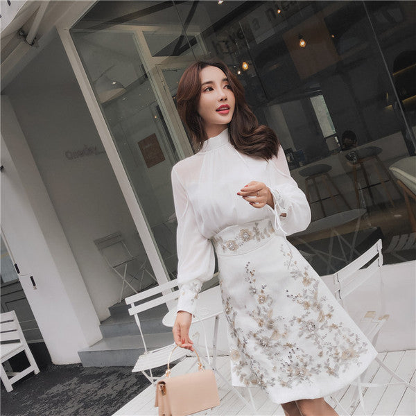 Seiwnibu Newest Fashion Runway 2018 Suit Set Women's Long Sleeve womens Blouse+High waist embroidery beading 2 piece Skirt Set