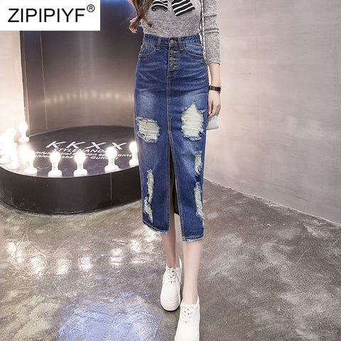 Empire Button Bodycon Denim Womens Denim Skirt Pure Color Vintage Jeans Skirts Casual Plus Size Skirts Summer 2019 4XL